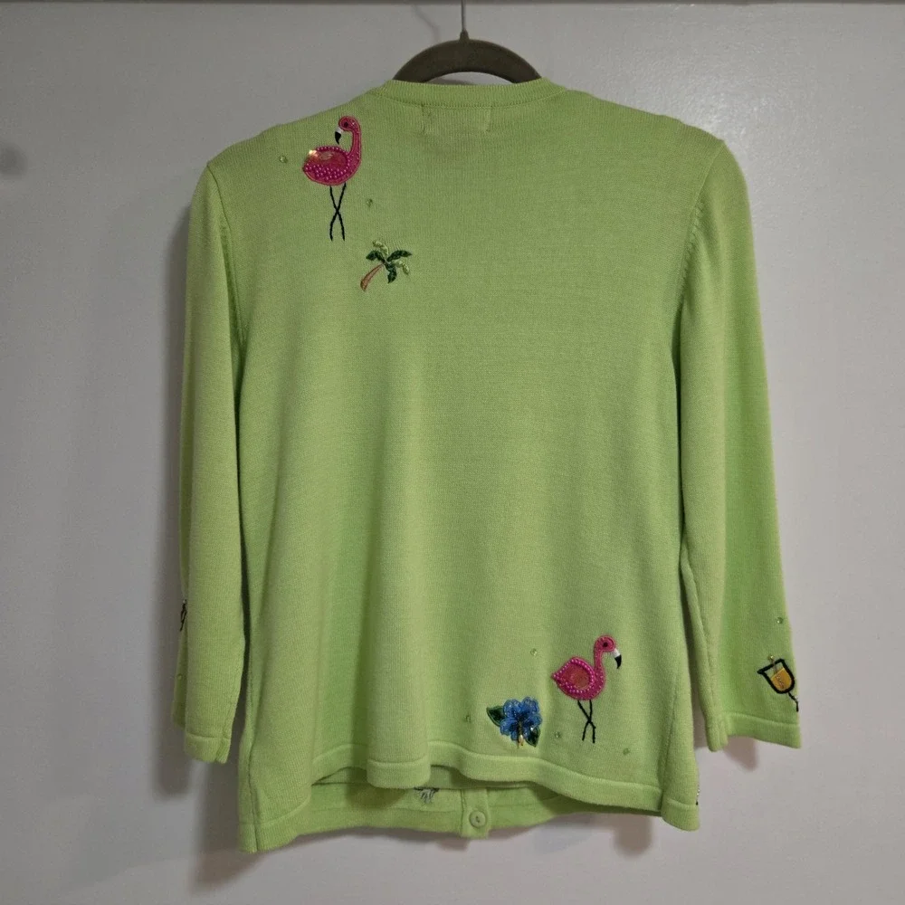 Berek Size S Green Twinset Embroidered Beaded Cocktails Flowers Flamingo Sweater - Picture 4 of 9
